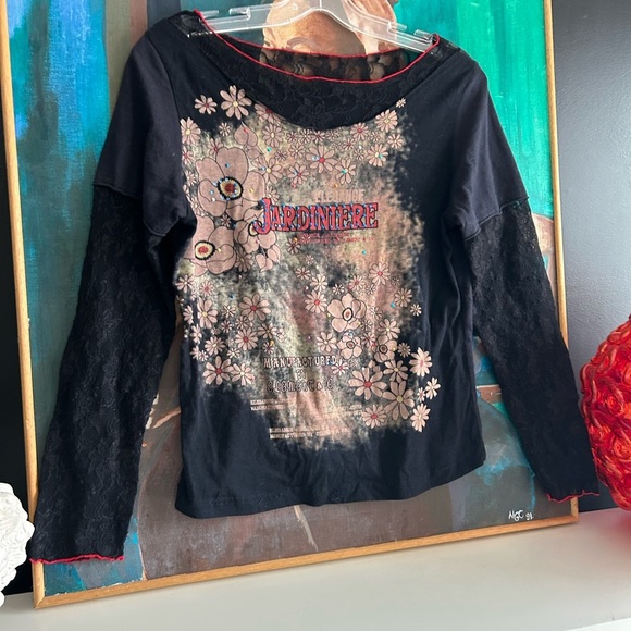 Elemente Clemente Black Y2K Embellished Floral Long Sleeve Tee Size Small - Picture 14 of 15